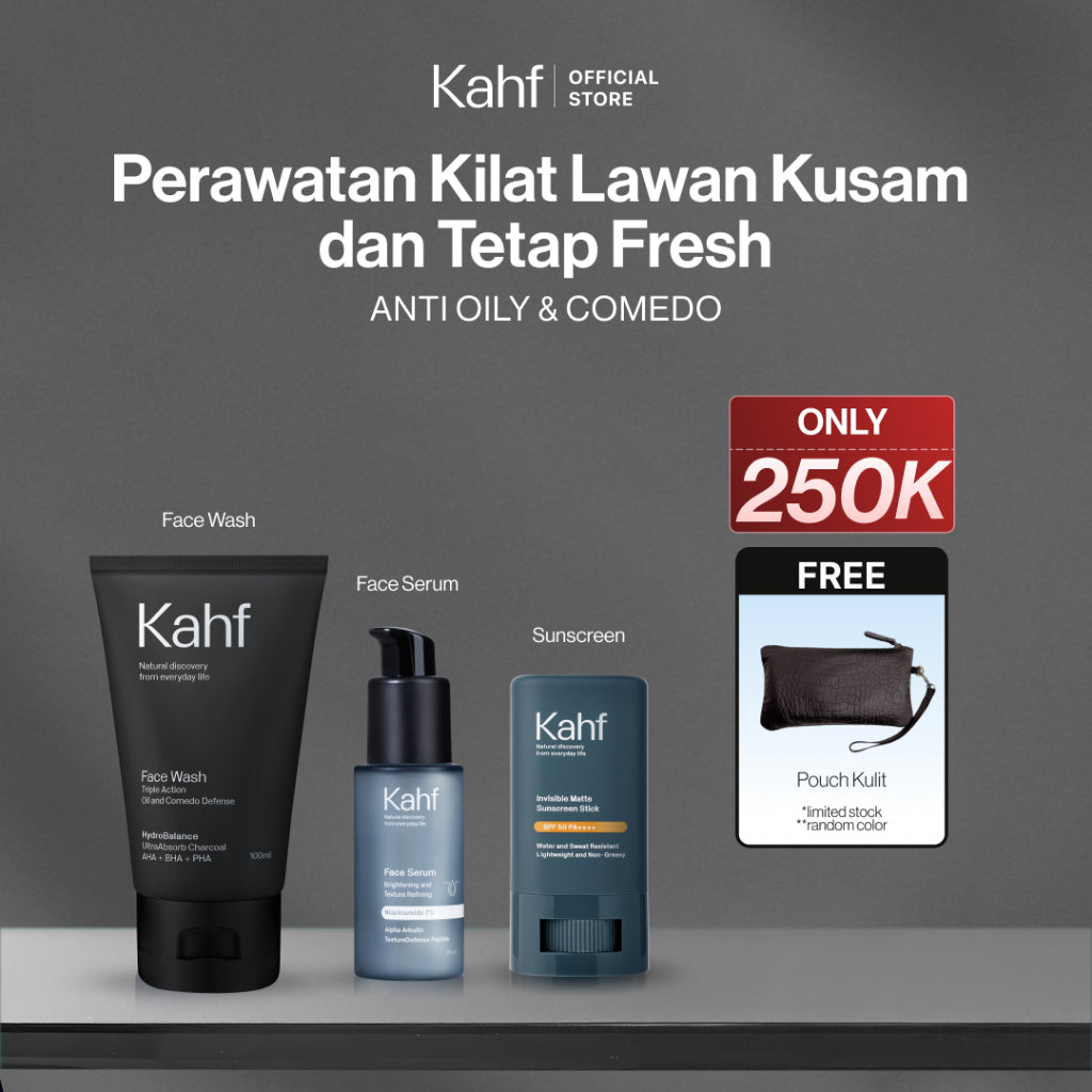 [KAHF BUNDLE 3IN1 PAKET PERAWATAN WAJAH : SKINCARE HEMAT WAKTU UNTUK COWOK YANG MAU BEBAS KUSAM] Paket Perawatan Kilat Lawan Kusam & Tetap Fresh (Face Wash + Serum + Sunscreen Stick) - Suitable for Daily Use