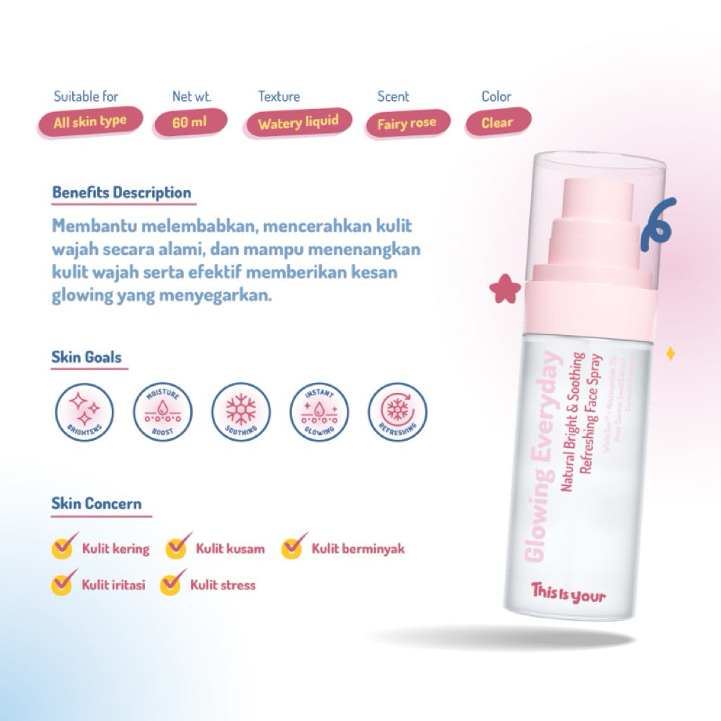 THIS IS YOUR - Glowing Everyday Shooting Refreshing Face Spray 75ml | Mengandung 2% Niacinamide, Rosa Canina, Centella Asiatica | Membantu Mencerahkan Wajah Cocok Untuk Kulit Kering, Berjerawat, dan Kusam