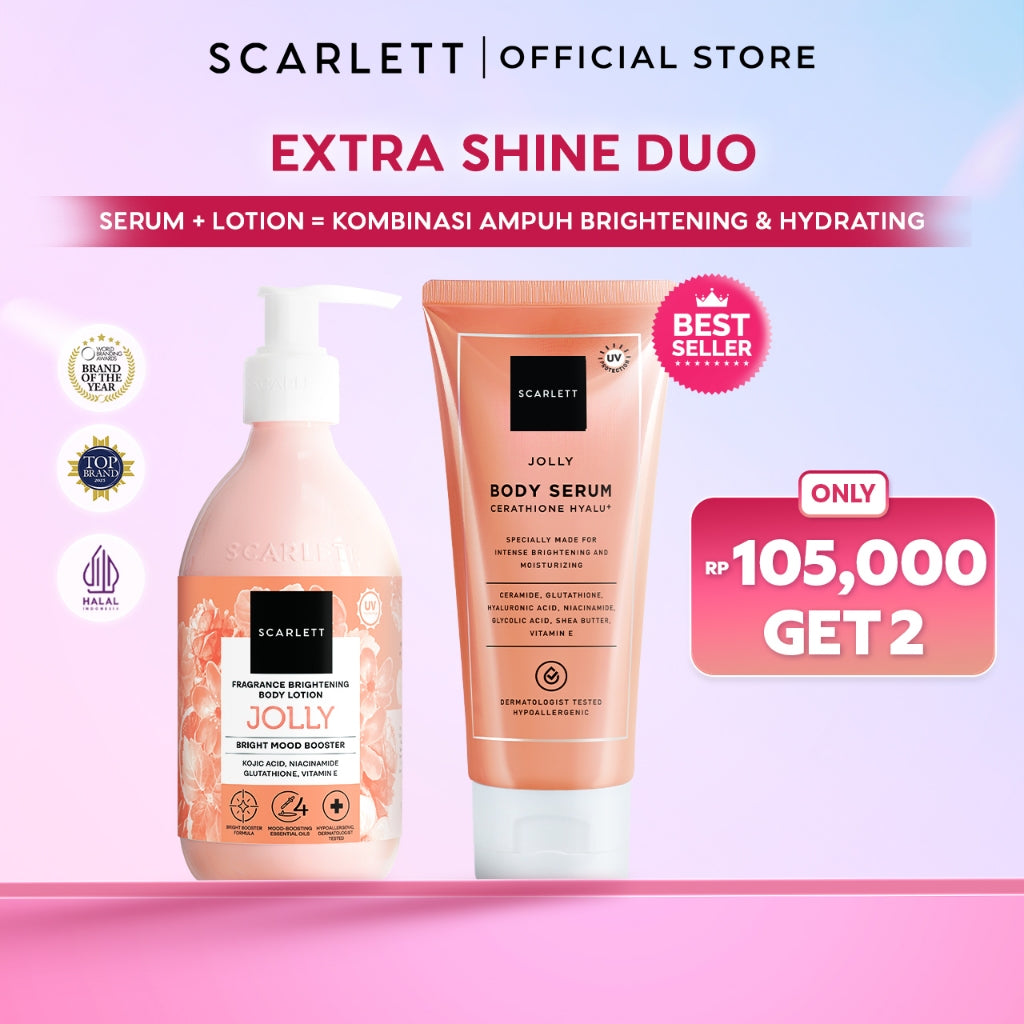SCARLETT Bundle Intense Brightening AHA Body Serum + Fragrance Brightening Body Lotion Bright Mood Booster 5% AHA BHA PHA +4 Essential Oils 3x Brightening Power | Intense Membantu Mencerahkan Kulit Meratakan Warna Kulit Menenangkan Wangi Tahan Seharian