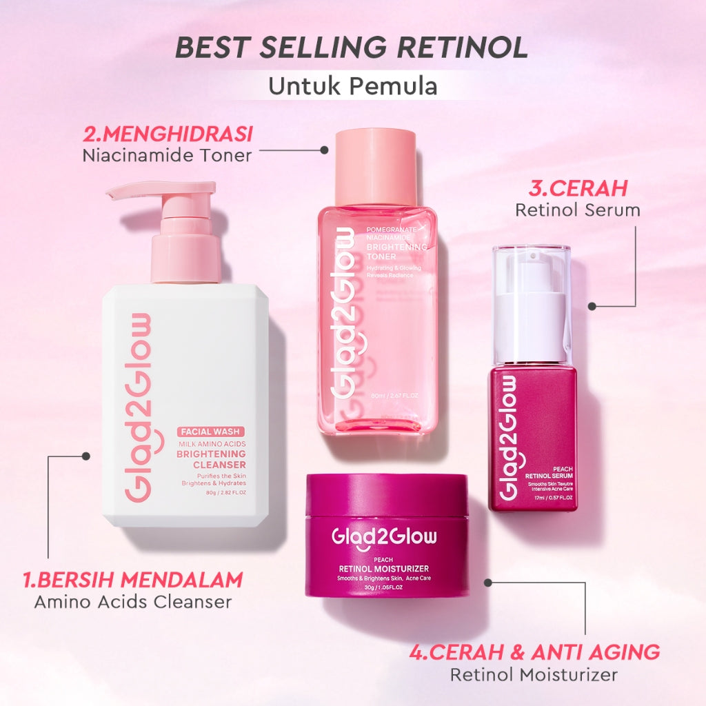 [Cocok Untuk Pemula] Glad2Glow Cerah Retinol Bundle 4in1-Brightening Moisturizer+Serum+Cleanser+toner Retinol  skincare paket pembersih perawatan kulit warna kulit pelembab wajah all in 1g2glow official store