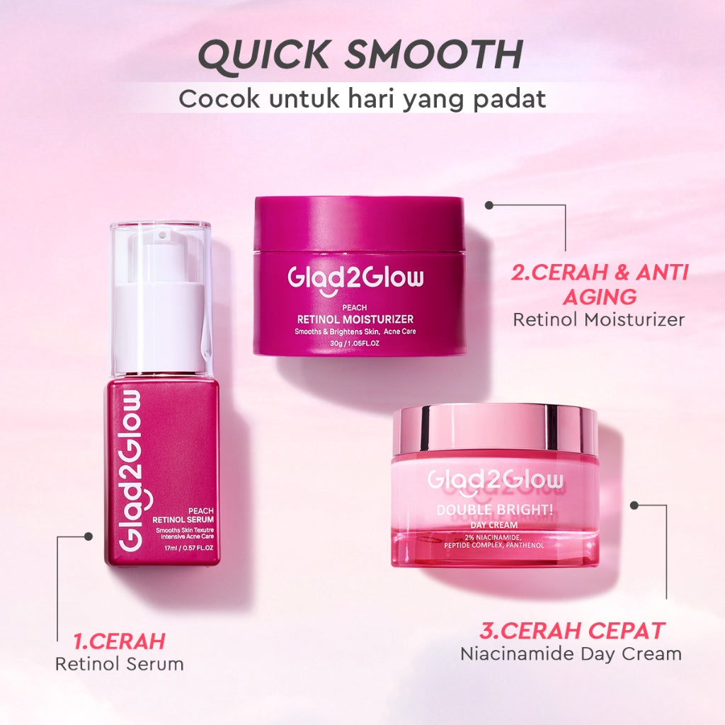 [Cocok Untuk Pemula] Glad2Glow Cerah Retinol Bundle 4in1-Brightening Moisturizer+Serum+Cleanser+toner Retinol  skincare paket pembersih perawatan kulit warna kulit pelembab wajah all in 1g2glow official store