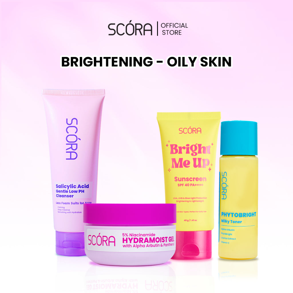 [My Daily Glow Up Set] Scora Bright Me Up Sunscreen 40 Gr + Scora Sheer Glow Tone Up Cream 30 ml + SCORA Moisturizer Gel + SCORA Gentle Low pH Cleanser 100 ML + SCORA Toner 80 ML