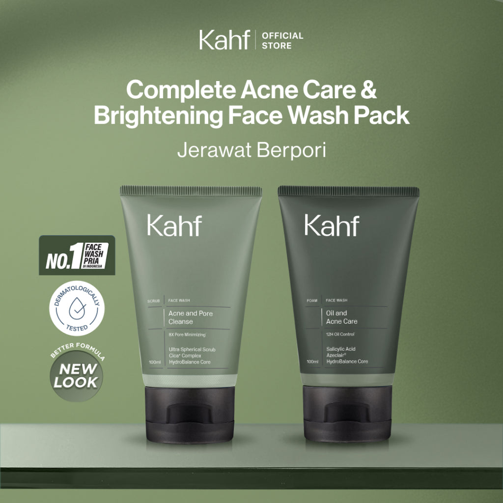 [SPECIAL 11.11 : B2G5 - KAHF BUNDLE 2IN1 PAKET FACIAL WASH] Complete Acne Care & Brightening Face Wash Pack 100 ml isi 2 pcs - Wajah Glowing, Cerah, Anti Ketarik, & Bebas Kusam - Bundle Perawatan Wajah Pria - Kombinasi Sabun Cuci Muka Sesuai Kondisi Kulit