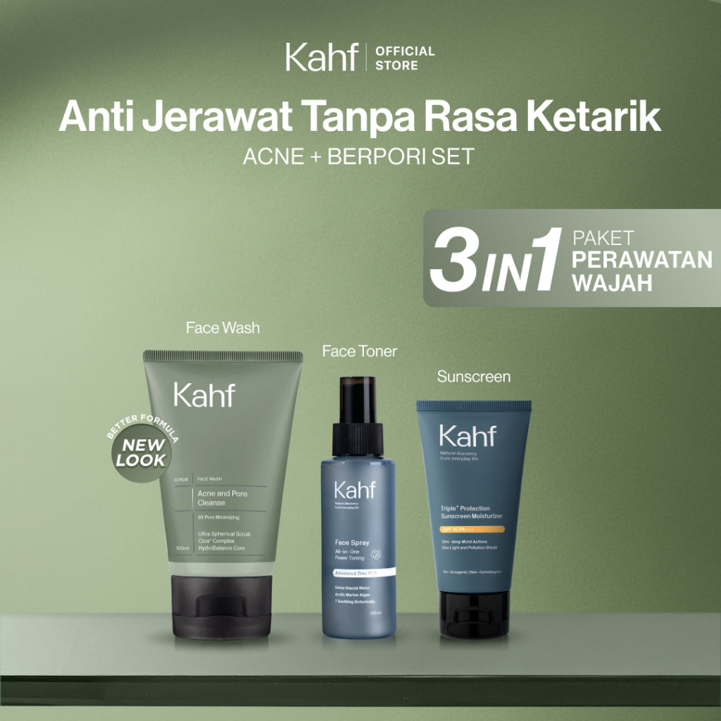 [KAHF BUNDLE 3IN1 PAKET PERAWATAN WAJAH : SKINCARE UNTUK KULIT BERJERAWAT & BERMINYAK] Paket Anti Jerawat Tanpa Rasa Ketarik (Face Wash + Toner + Sunscreen) - Suitable for Daily Use