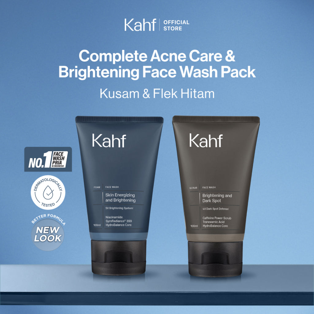 [SPECIAL 11.11 : B2G5 - KAHF BUNDLE 2IN1 PAKET FACIAL WASH] Complete Acne Care & Brightening Face Wash Pack 100 ml isi 2 pcs - Wajah Glowing, Cerah, Anti Ketarik, & Bebas Kusam - Bundle Perawatan Wajah Pria - Kombinasi Sabun Cuci Muka Sesuai Kondisi Kulit