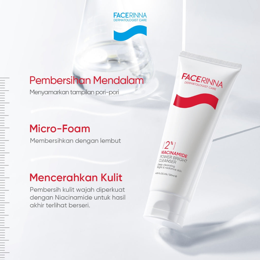 FACERINNA 2% Niacinamide Power Bright Cleanser 70ml / 120ml | Sabun Cuci Muka Mencerahkan Wajah Melembabkan kelembaban | Sabun Muka Pembersih Wajah Facial Wash Brightening Skincare Face Wash Glowing, Anti-Acne, Exfoliating | Gentle Amino Formula
