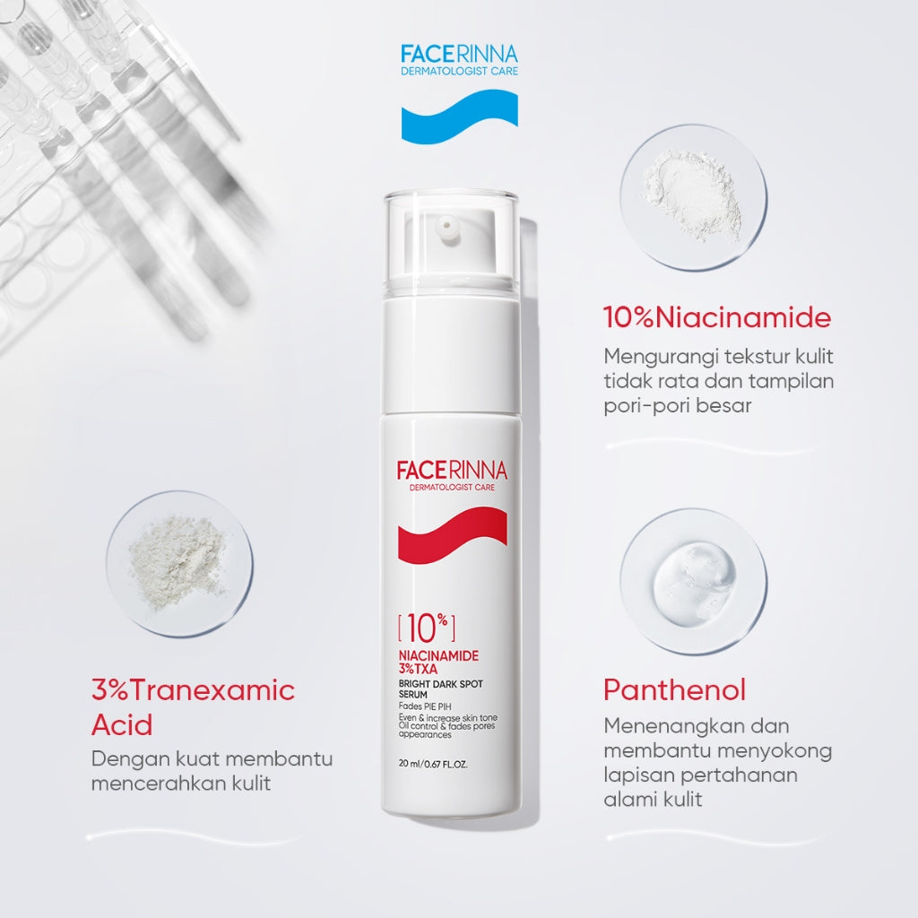 FACERINNA 10% Niacinamide + 3% TXA Power Bright Serum 20ml | White Serum Mencerahkan Wajah Mengurangi Dark Spot Flek Hitam Bekas Jerawat Pemutih Wajah| Whitening Brightening Glowing Anti Aging Anti Acne | with MSH Niacinamide Ceramide Semua Jenis Kulit