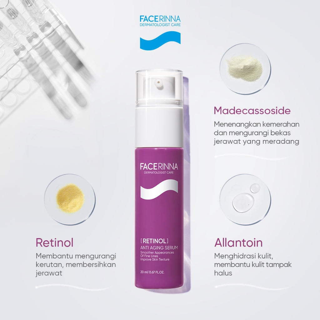 FACERINNA Retinol Anti Aging Serum 20ml | Skin Renewal Gentle Serum Retinoid Anti-Aging | Menghaluskan Tekstur Kulit Menyamarkan Garis Halus & Kerutan Meratakan Warna Kulit Merawat jerawat Mengurangi Kemerahan Merawat Kulit Berjerawat with Pure Retinol