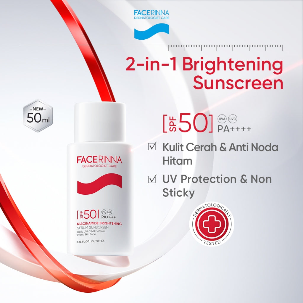 [Big Size 50ML]Facerinna Niacinamide Brightening Serum Sunscreen SPF 50 PA++++ | Proteksi UV  Daily UV Defense Physical Sunscreen Menyerap Cepat Mencerahkan Fades Dark Spots Tone Up Cream Sunscreen Wajah Sunblock Kulit Berminyak berjerawat/Sensitif