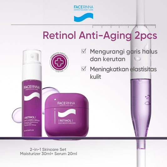 FACERINNA Retinol Anti-Aging 2pcs Skincare Set | Kerutan Memudarkan Garis Halus Meratakan Warna Kulit Menghaluskan Tekstur Kulit Mencerahkan Flek Hitam Melembapkan Menjaga Elastisitas Kulit Membantu Regenerasi Kulit Menghidrasi Kulit Kering Skincare BPOM