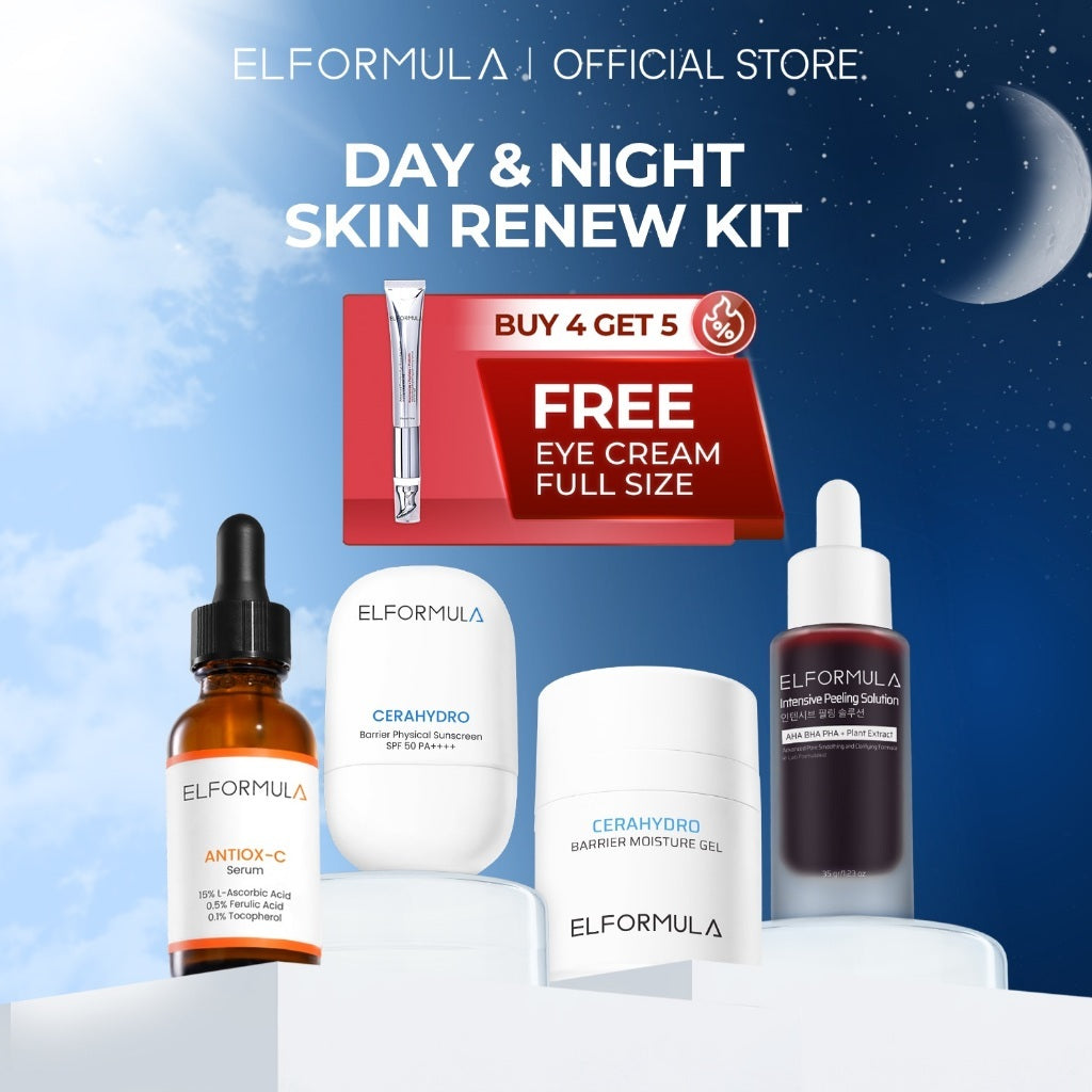 ELFORMULA Day & Night Bundle - Daily Gentle Low pH Facial Cleanser + CeraHydro Barrier Repair Moisture Gel + Intensive Peeling Solution + CeraHydro Barrier Repair Sunscreen SPF 50+++