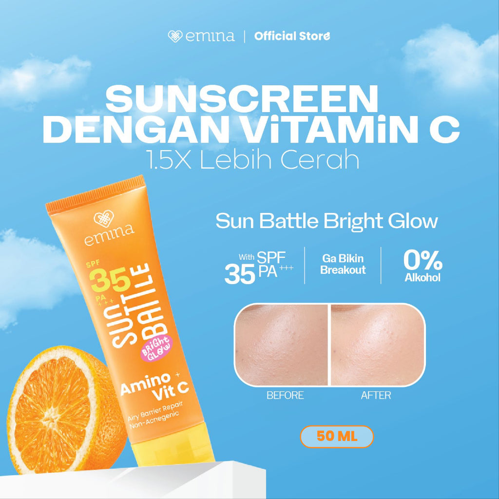 Emina Sunscreen Indoor & Outdoor SPF 35 Amino Vit. C Bright Glow & SPF 50 Cica Acne Fighter atau SPF 50 Ceramide Skin Barrier  [Teruji In Vivo, Non acnegenic, Non comedogenic, Ringan, Cerah, Hydrating]