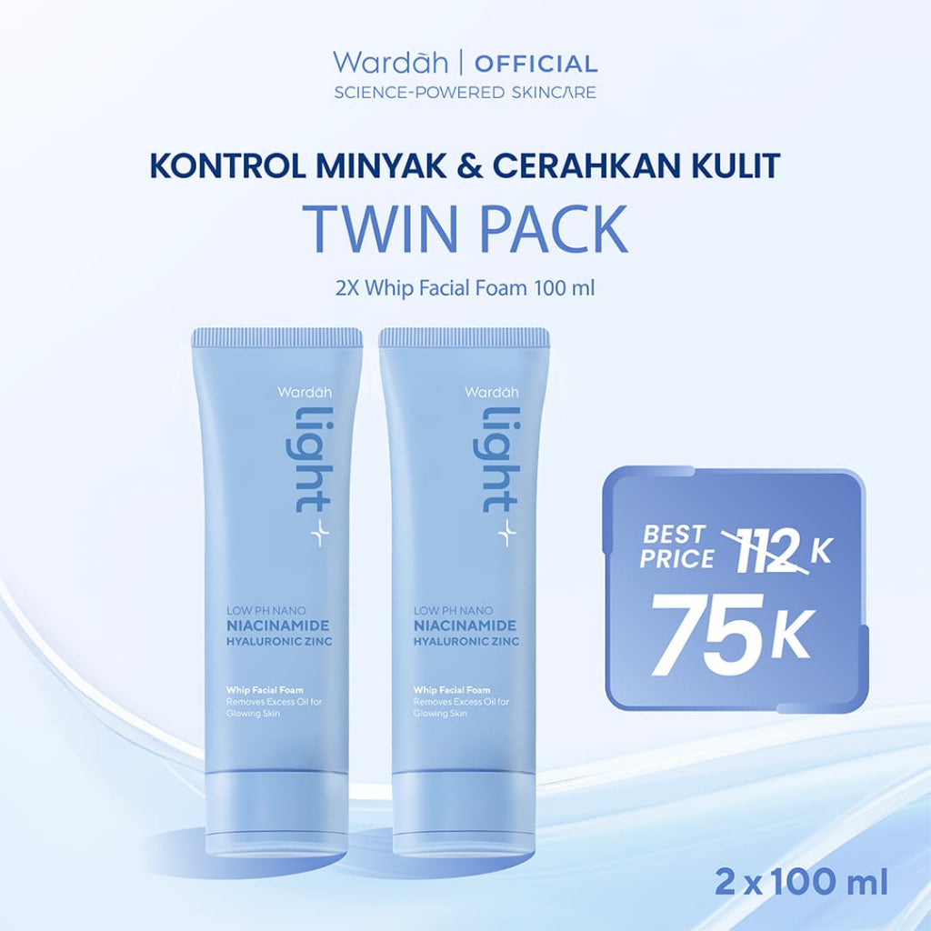 [TWINPACK] Light+ by Wardah Low pH Nano Niacinamide Hyaluronic Zinc Whip Facial Foam 100 ml | Light+ by Wardah Low pH Nano Niacinamide Low Molecular Hyaluronic Gentle Facial Wash 100 ml | Lightening Facial Wash Skincare Face Wash Sabun Cuci Muka