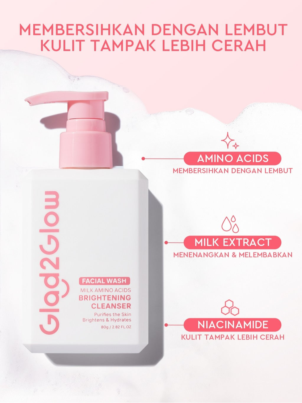 Glad2Glow Milk Amino Acid Gentle Cleanser Brightening facial wash skincare face wash sabun cuci muka cleansing balm exfoliating exfoliasi wajah sabun muka pembersih wajah Mencerahkan wajahMelembabkan kelembaban Mengandung asam amino g2glow official store