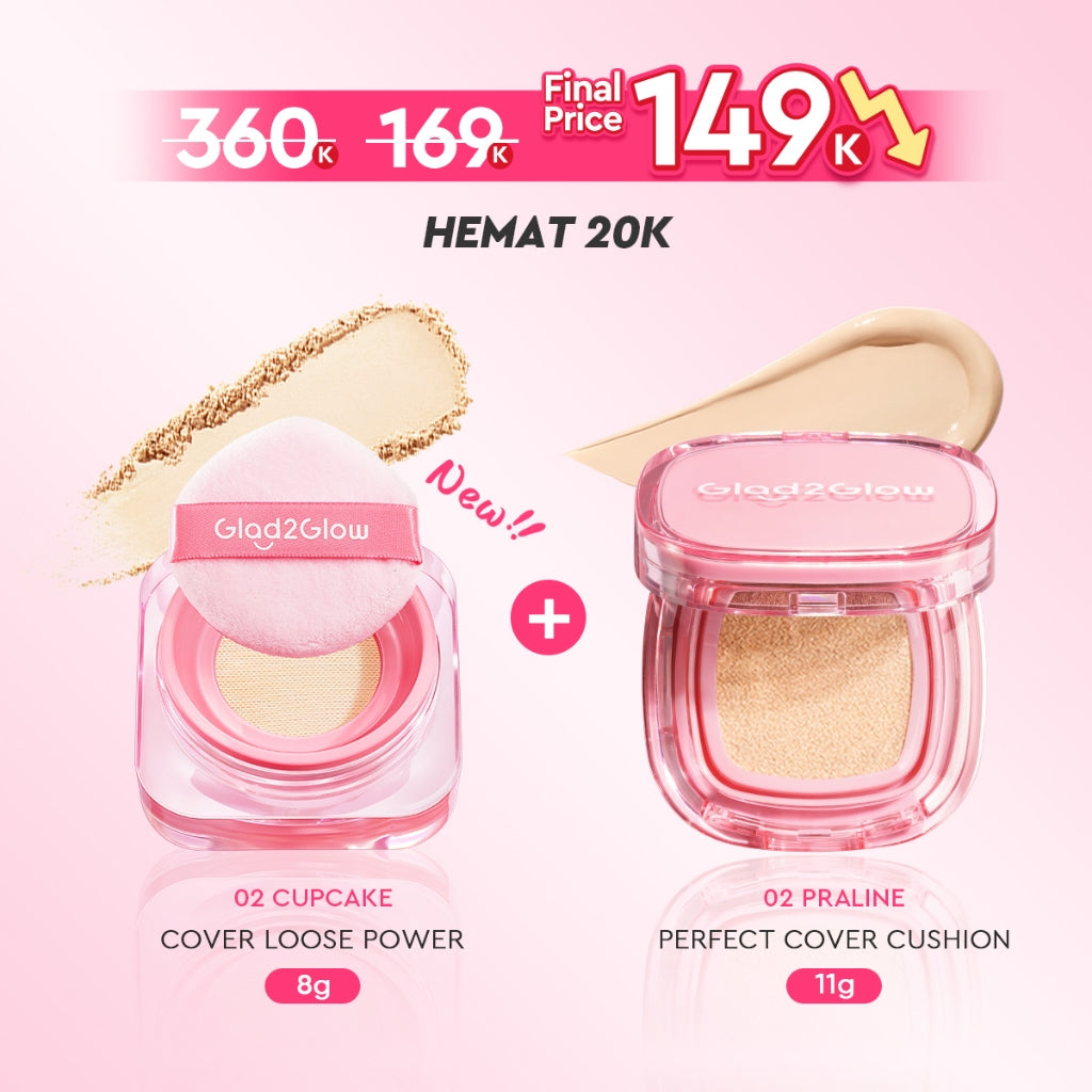 Glad2Glow 2lN1 VELVET MAKEUP SET-LOOSE POWDER+CUSHION Coverage Tinggi Second Skin Flawless Semi Matte Transferproof Tahan Lama instan Blurring Minyak Extract Air Blurry Technology