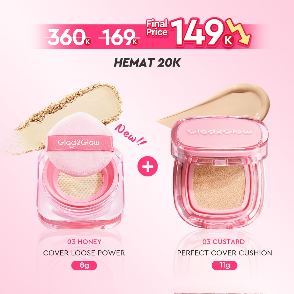 Glad2Glow 2lN1 VELVET MAKEUP SET-LOOSE POWDER+CUSHION Coverage Tinggi Second Skin Flawless Semi Matte Transferproof Tahan Lama instan Blurring Minyak Extract Air Blurry Technology