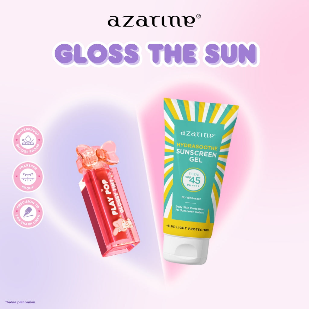 Azarine Gloss The Sun [2 PCS] Play Pop Glossy Tint Liptint Glossy Tahan Lama Extra Moisturizing Hyaluronic Acid Peptide Melembabkan Menutrisi Bibir Kering + Sunscreen Best Seller untuk Semua Jenis Kulit