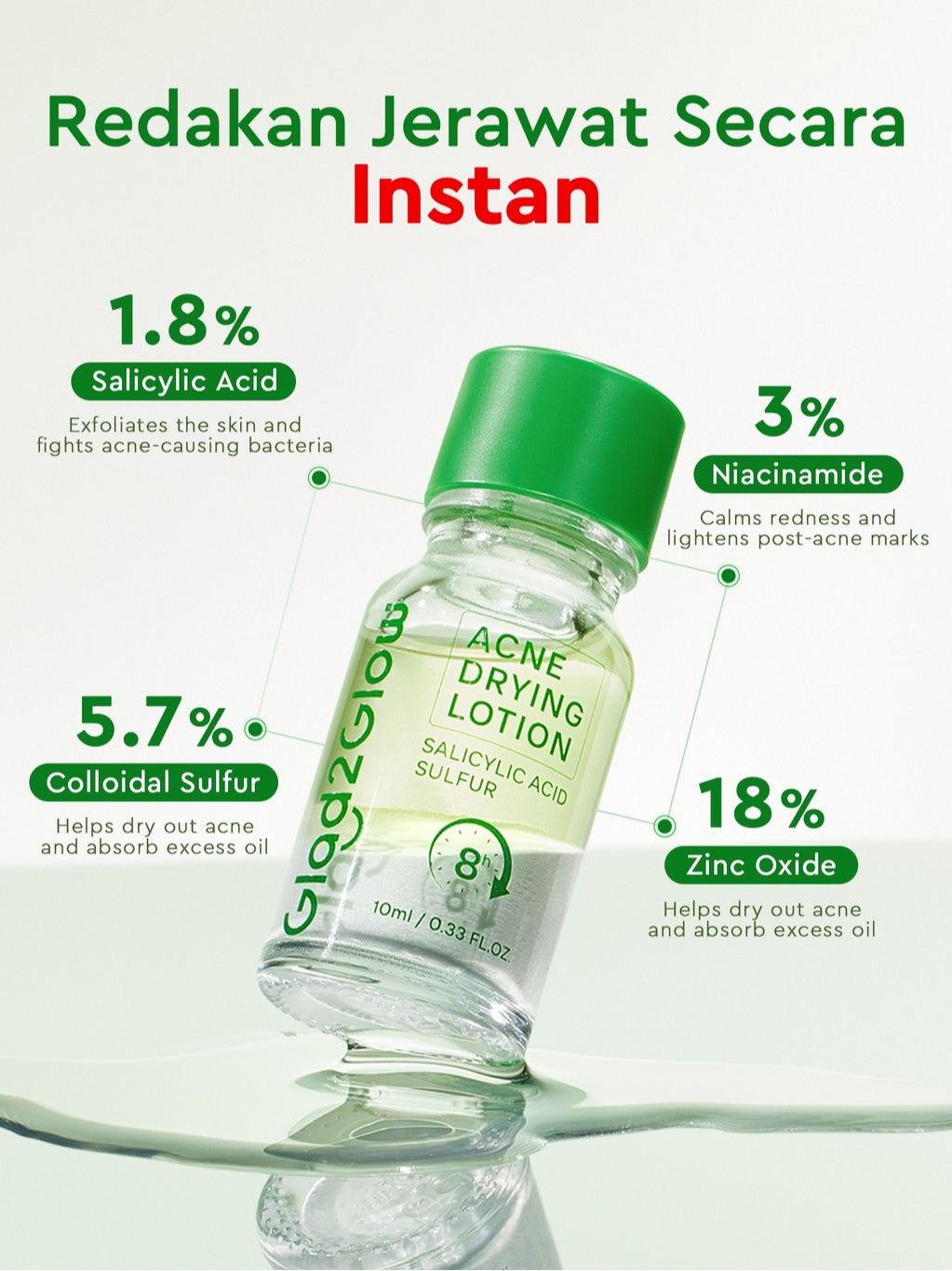 GLAD2GLOW Acne Drying Lotion Mengeringkan Jerawat 8 Jam Dengan Sulfur BHA & Bahan Alami Instant Acne Care Acne Gel Patch Spot Jerawat Serum Moisturizer Acne Skincare Wajah face wash facial Salicylic Acid Niacinamide g2glow official store