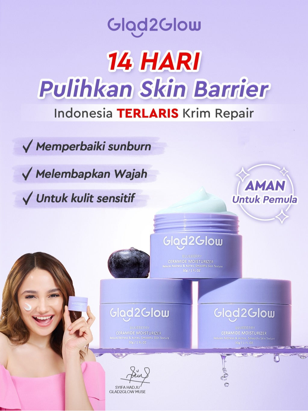 Glad2Glow Blueberry 5% Ceramide Moisturizer Repair Barrier Pulihkan skincare day cream Night Cream krim wajah moisturizer cream repair cream torriden cream cream pemutih wajah skincare bpom Pelembab Wajah Sensitive Skin Care G2G glad2glow official store