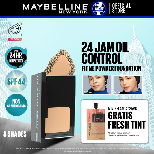 MAYBELLINE OFFICIAL Fit Me 24HR Oil Control Powder Foundation 5 gr Make up Bedak Two Way Cake TWC SPF 44 Blur & Cover Cushion Foundation Bedak Padat Concealer BB Cream Foundation Waterproof Skin Tint Fondation