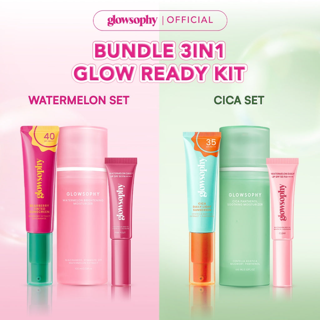 Glowshopy Bundle 3in1 Glow Ready Kit Lip SPF + Moisturizer 100ml + Sunscreen - Melindungi dari sinar UVB dan UVA, Menjaga bibir tetap lembap, lembut, dan sehat, Kilau natural untuk bibir lembut dan tampak sehat sepanjang hari