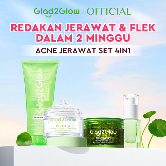 Glad2Glow Acne Jerawat Bundle 4pcs paket Centella madeca cream-Moisturizer+Serum+Cleanser+Toner Skincare Centella Masker Menghilangkan Menenangkan kemerahan pada kulit Atur Minyak BerlebihMerawat Kulit g2glow official store acnaway