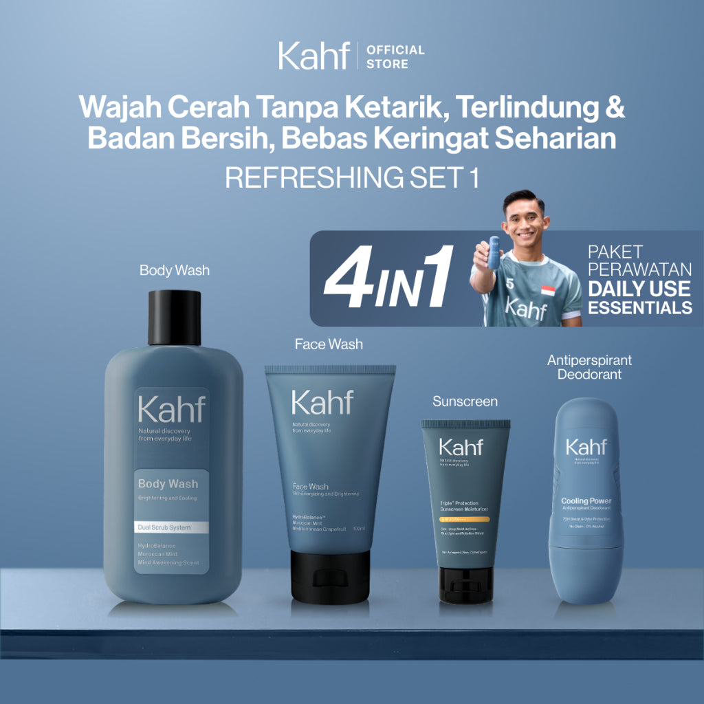 [PAKET CHAMPION RACING CARE - KAHF BUNDLE 4IN1 PAKET PERAWATAN DAILY USE ESSENTIALS : WAJAH CERAH & BADAN ANTI BAU] Paket Personal Care (Face Wash + Sunscreen Moisturizer + Body Wash + Deodorant) - Suitable for Daily Use
