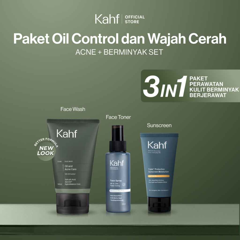 [SPECIAL KAHF DECODE : PAKET PERAWATAN KULIT BERMINYAK BERJERAWAT] Paket Oil Control & Cerah (Face Wash + Toner + Sunscreen) - 3in1 Bundle untuk Membantu Kontrol Minyak, Mencerahkan Wajah, dan Mencegah Flek Hitam - Suitable for Daily Use