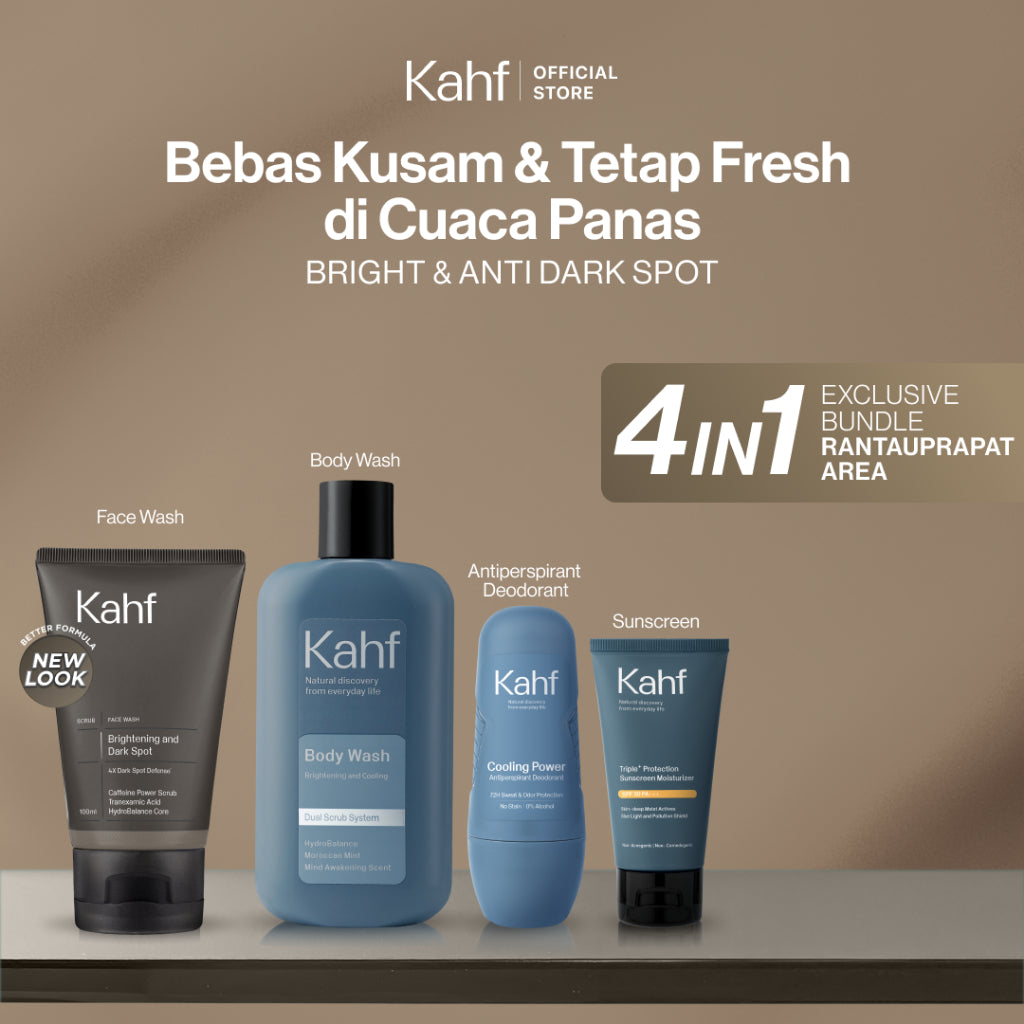 [EXCLUSIVE BUNDLE FOR RANTAUPRAPAT AREA] Kahf 4in1 Paket Bebas Kusam & Tetap Fresh di Cuaca Panas (Face Wash + Sunscreen + Deodorant + Body Wash) - Suitable for Daily Use