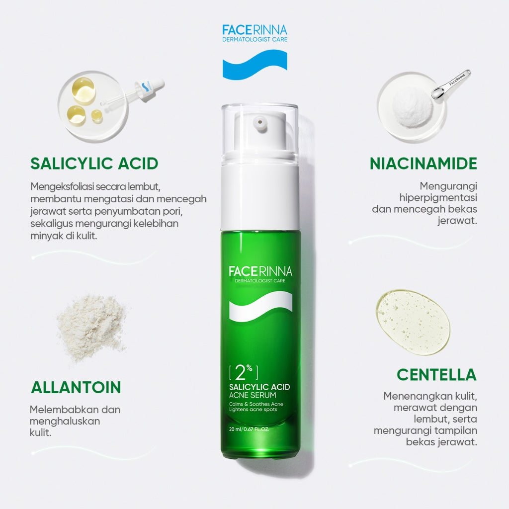 FACERINNA 2% Salicylic Acid + 2% Niacinamide Acne Serum 20ml |  Serum Jerawat Acne Treatment Menghilangkan Bekas Jerawat Kulit Beruntusan Mencegah Jerawat Datang Lagi Calms Acnes&Redness Prevents Breakout | Anti-Acne Exfoliating Brightening Pemutih Wajah
