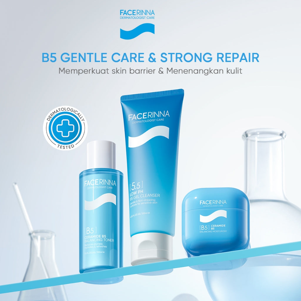 FACERINNA B5(Panthenol) Hydrating 3pcs/2pcs Skincare Paket | Moisturizer + Cleanser + Toner | Untuk Kulit Sensitif Menjaga Skin Barrier Low pH Gentle Facial Wash Sabun Cuci Soothing Calming Toner Menenangkan kulit kering Brightening Exfoliating Sabun Muka