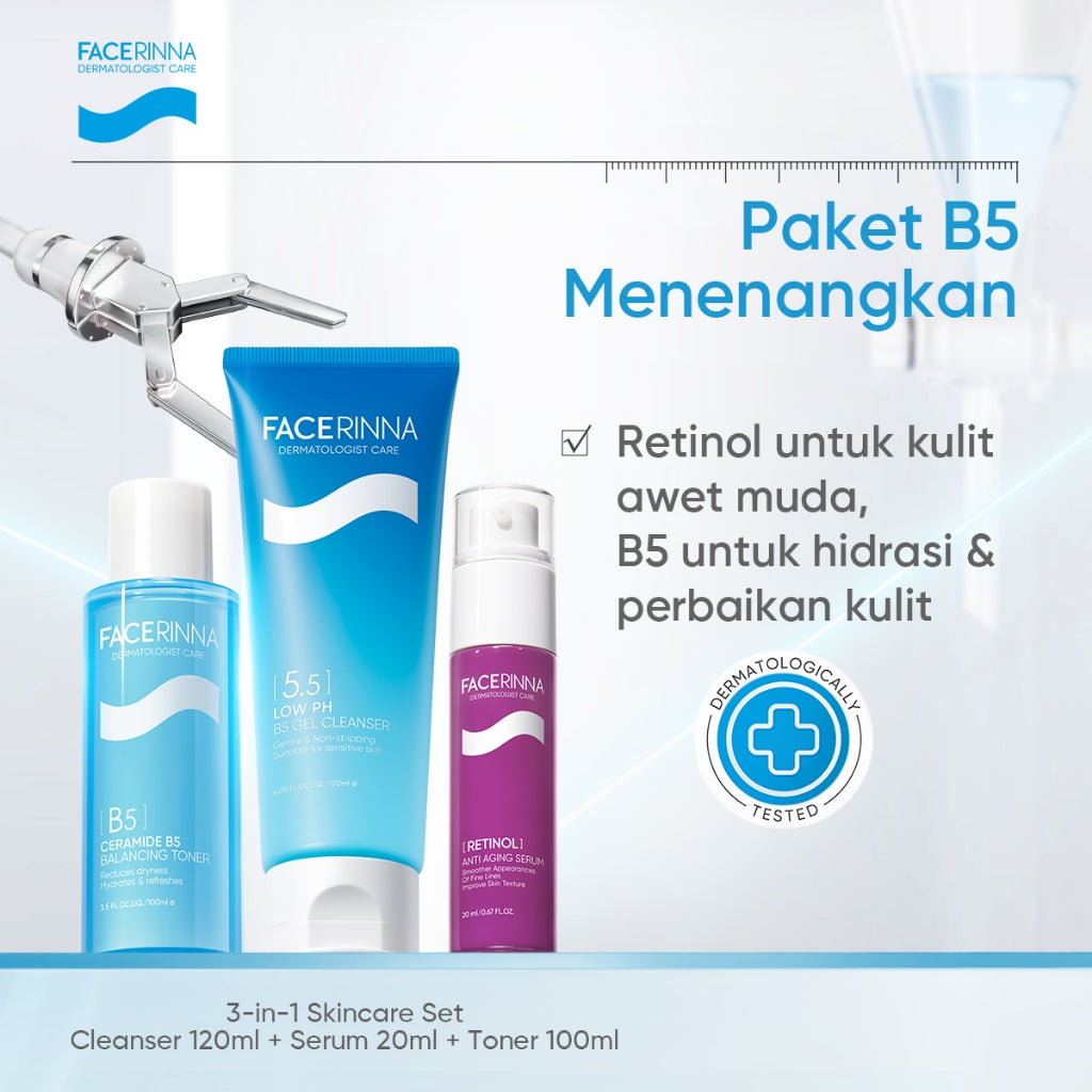 FACERINNA B5(Panthenol) Hydrating 3pcs/2pcs Skincare Paket | Moisturizer + Cleanser + Toner | Untuk Kulit Sensitif Menjaga Skin Barrier Low pH Gentle Facial Wash Sabun Cuci Soothing Calming Toner Menenangkan kulit kering Brightening Exfoliating Sabun Muka