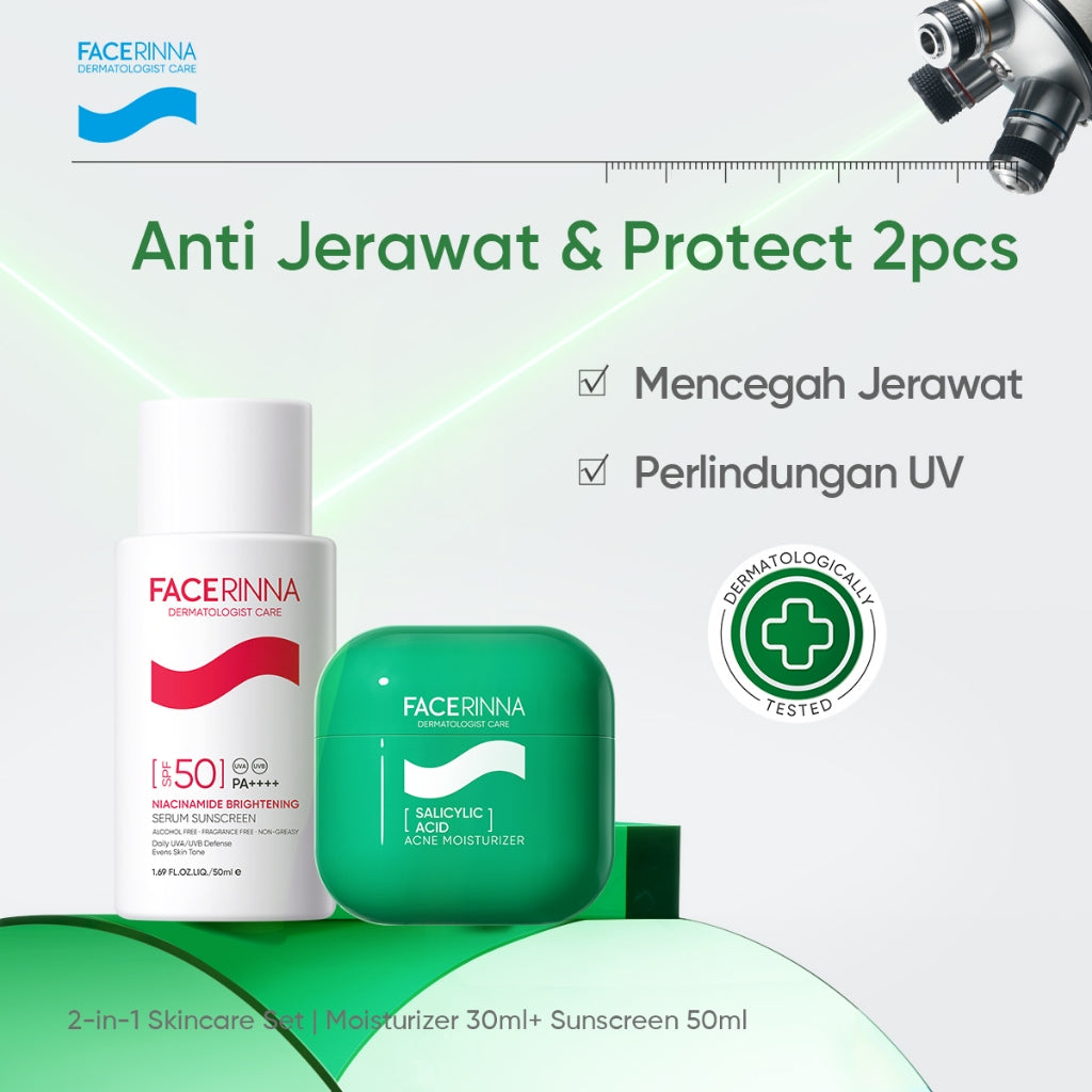 FACERINNA 2pcs Skincare Duo | Moisturizer + Sunscreen | B5 Repair Niacinamide Brightening Proteksi UV Daily UV Defense Physical Sunscreen Menyerap Cepat Mencerahkan Fades Dark Spots Tone Up Cream Sunscreen Wajah Sunblock Kulit Berminyak berjerawat/Sensiti