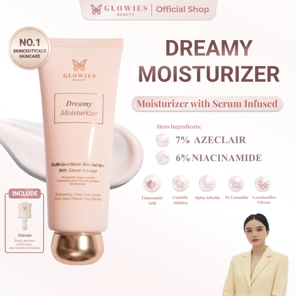 Ready Stock Glowies Beauty Dreamy Moisturizer 80ml Aman untuk Remaja & Kulit Sensitif with 7% Azelclair Niacinimide Alpha Arbutin 5x Ceramide Bantu Redakan Jerawat & PIE Memperbaiki Skin Barrier dan Acne Repair Non Comedogenic