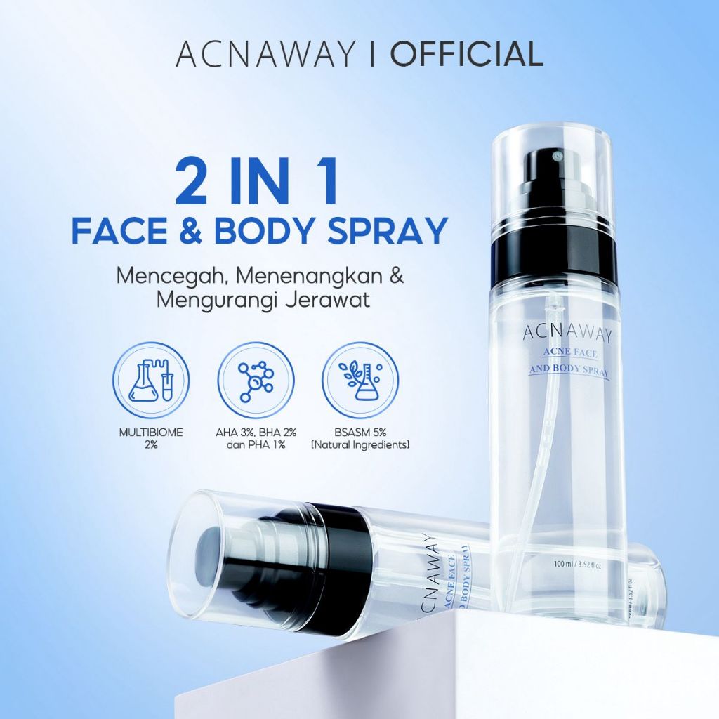 ACNAWAY Acne Face & Body Spray – Face Mist Spray Jerawat untuk Wajah & Badan | Skincare Calming Spray dengan AHA BHA PHA + BSASM + Multibiome | Penghilang Jerawat Punggung, Melembapkan & Menyejukkan Kulit Berjerawat