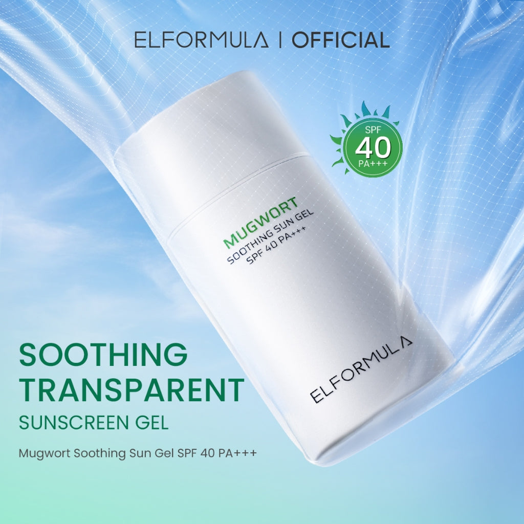 TURUN HARGA ! ELFORMULA Mugwort Soothing Sun Gel SPF 40 PA+++ - Sunscreen Gel Transparan dengan Panthenol + Centella + Mugwort, 3in1 Moisturizer, Sunscreen, Primer Makeup