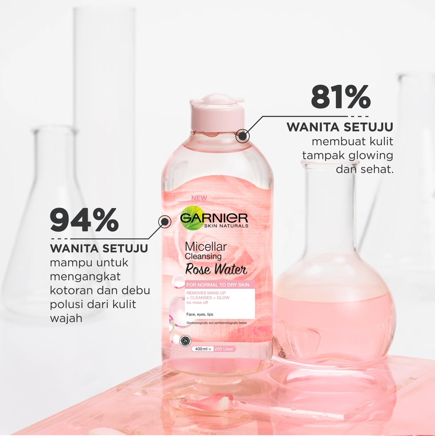 GARNIER Micellar Water Rose Skincare 400ml Skincare Cleansing - Pembersih Wajah & Make up Waterproof Air Mawar Cocok untuk semua jenis kulit Micellar Cleansing Water