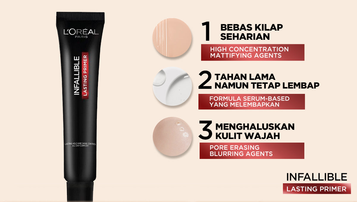 L'Oreal Paris Infallible Primer Make Up - 30ml - Bebas Kilap Tahan Lama Transferproof Waterproof    Primer Wajah Face Primer, Make Up, Makeup