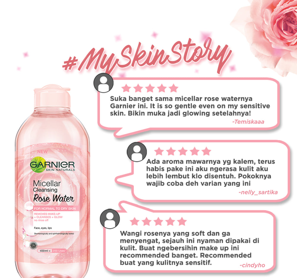 GARNIER Micellar Water Rose Skincare 400ml Skincare Cleansing - Pembersih Wajah & Make up Waterproof Air Mawar Cocok untuk semua jenis kulit Micellar Cleansing Water