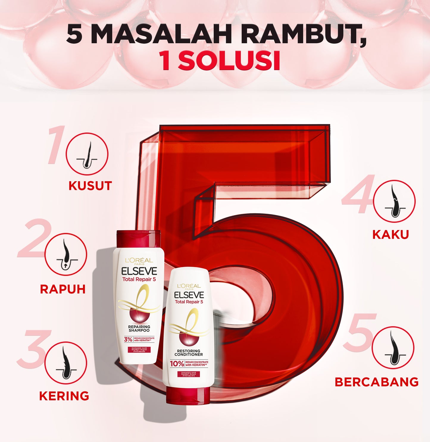 L'Oreal Paris Elseve Total Repair 5 Repairing Shampoo Hair Care dengan Ceramide  620ml - Melawan dan Memperbaiki Tanda Rambut Rusak 620ml Rambut Rusak Damage Hair Shampoo Sampo