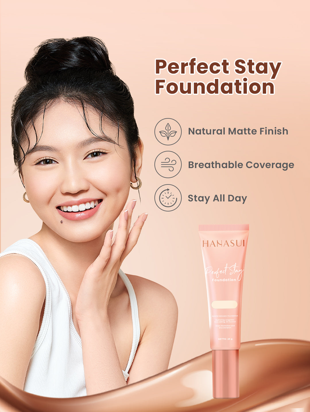 Hanasui Perfect Stay Foundation - Foundation Natural Matte Finish Menyamarkan Pori Pori Oil Control Tahan Lama
