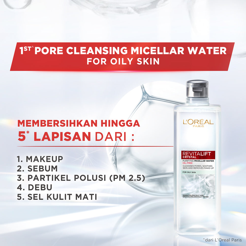 L'Oreal Paris Revitalift Crystal Purifying Micellar Water Skin Care - 95/400ml (Membersihkan Sampai Ke Pori, Menghapus Makeup & Menenangkan Kulit)