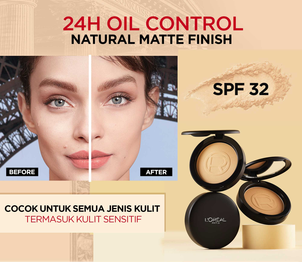 L’Oreal Paris Infallible Oil Killer High Coverage Powder Foundation Make Up - 6gr (Natural Matte & 24 Jam Oil Control)