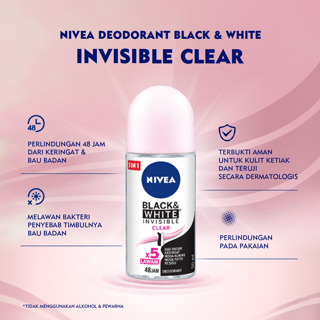 NIVEA Deodorant Roll On Black & White Invisible Original 25ml - Deodoran wanita melawan bau badan tahan keringat anti noda residu dengan wangi segar tahan lama seharian - Antiperspiran, tidak mengandung ethyl alkohol cocok untuk semua jenis kulit