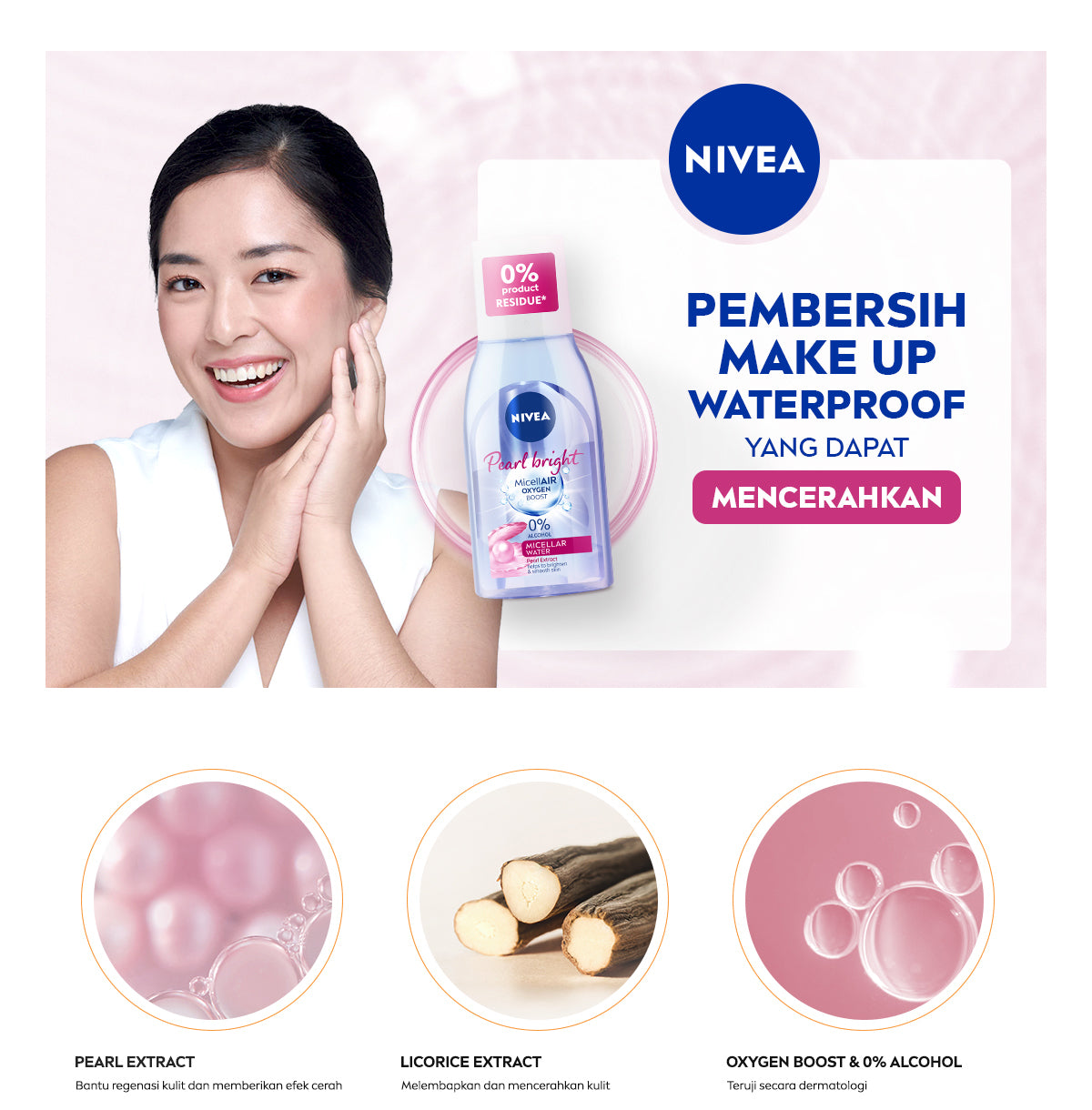 NIVEA Micellar Water MicellAir Pearl Bright 125ml - Pembersih make up tanpa alkohol makeup remover mencerahkan kulit kusam membersihkan wajah double cleansing melembabkan kulit kering - Pearl & Licorice Extract, 0% Alcohol