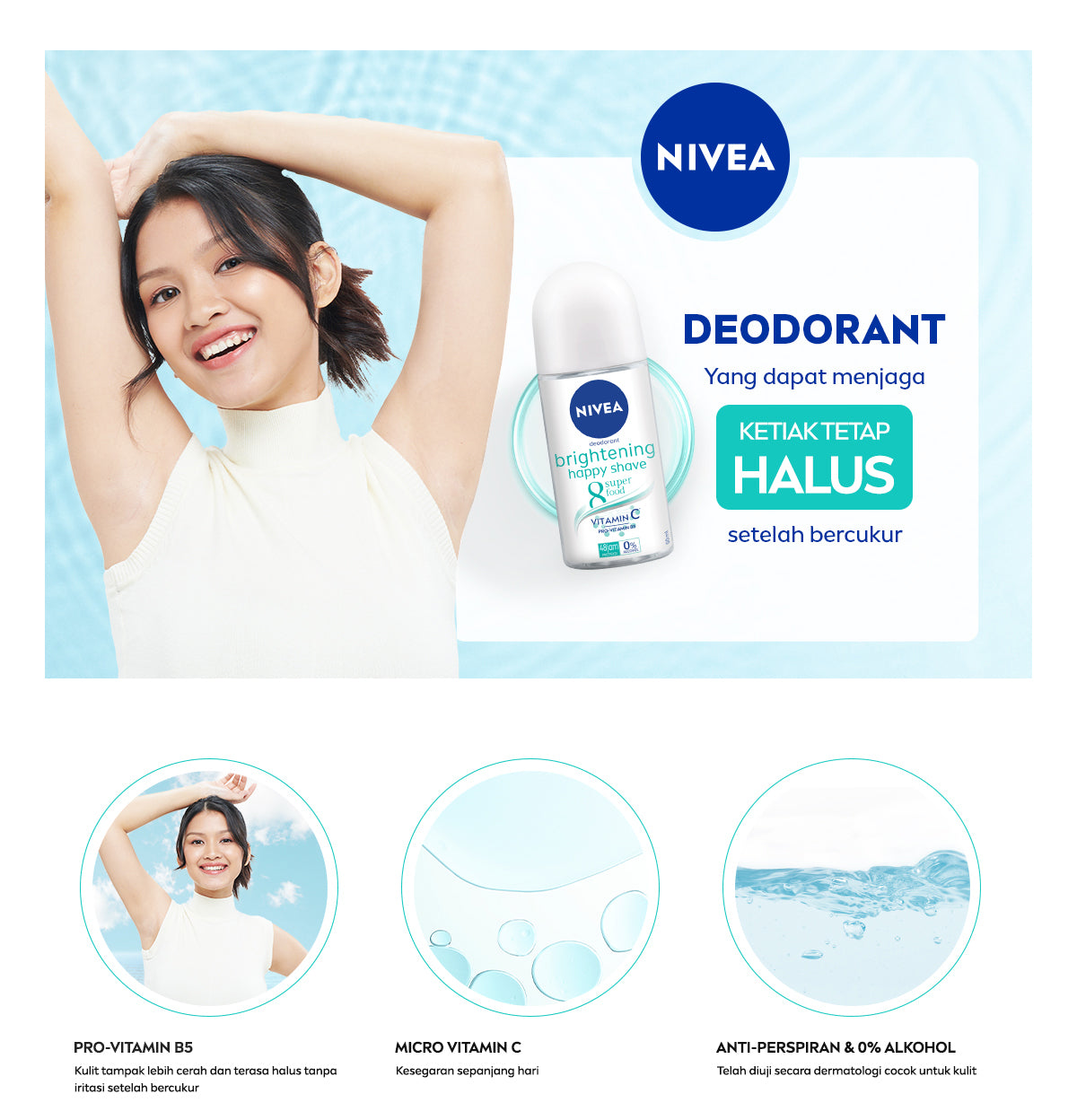 NIVEA Deodorant Roll On Brightening Happy Shave 50ml - Deodoran wanita mencerahkan mencerahkan brightening ketiak halus mulus mengurangi iritasi setelah bercukur - Vitamin C, Pro-vitamin B5, Aloe vera, 0% alkohol cocok semua jenis kulit