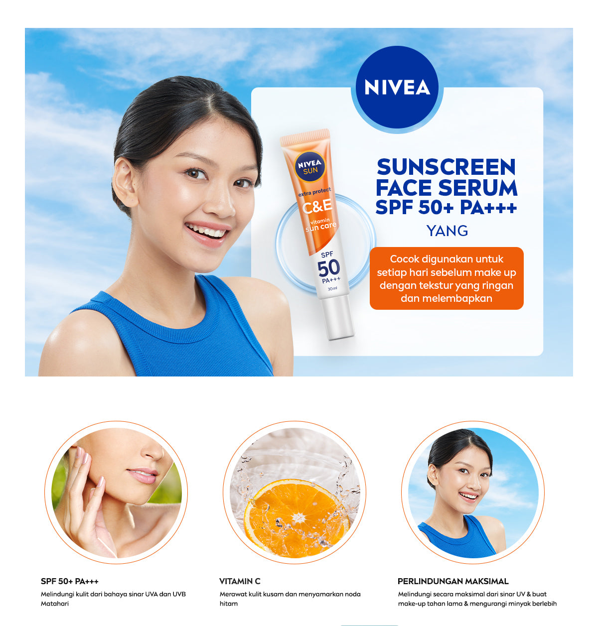 NIVEA SUN Sunscreen Face Serum Extra Protect C&E SPF50+ PA+++ 30ml - Sunscreen wajah serum sunblock mencerahkan brightening tone up SPF UV harian lightweight gel tekstur ringan cepat meresap tidak lengket no whitecast - Vitamin C, Vitamin E