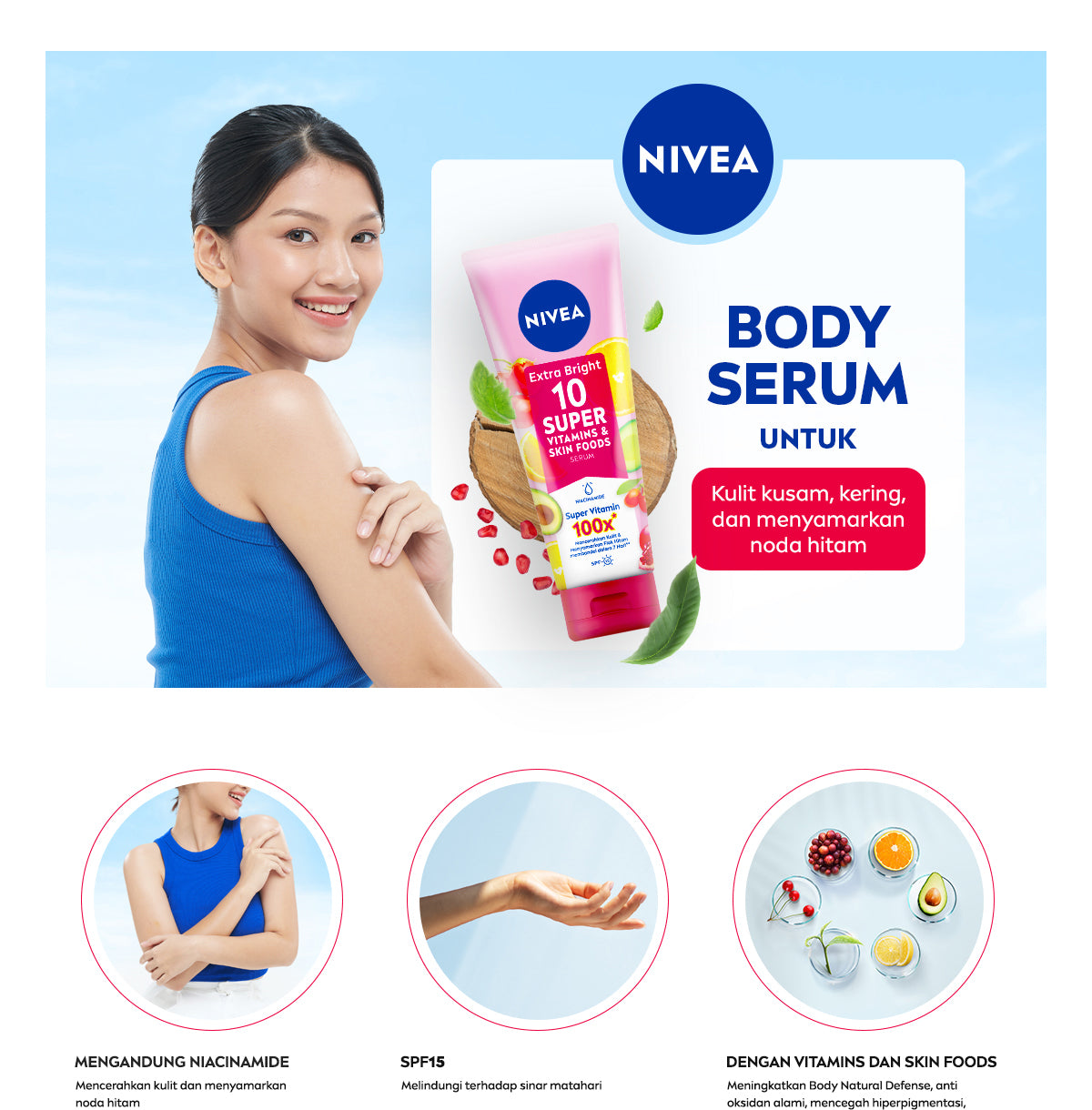 NIVEA Body Serum Extra Bright 10 Super Vitamins SPF15 180ml - Hand body serum lotion moisturizer menyamarkan noda flek hitam dark spot mencerahkan kulit kusam badan glowing brightening tone up melembabkan - 10x Vitamin C, Niacinamide, Pomegranate