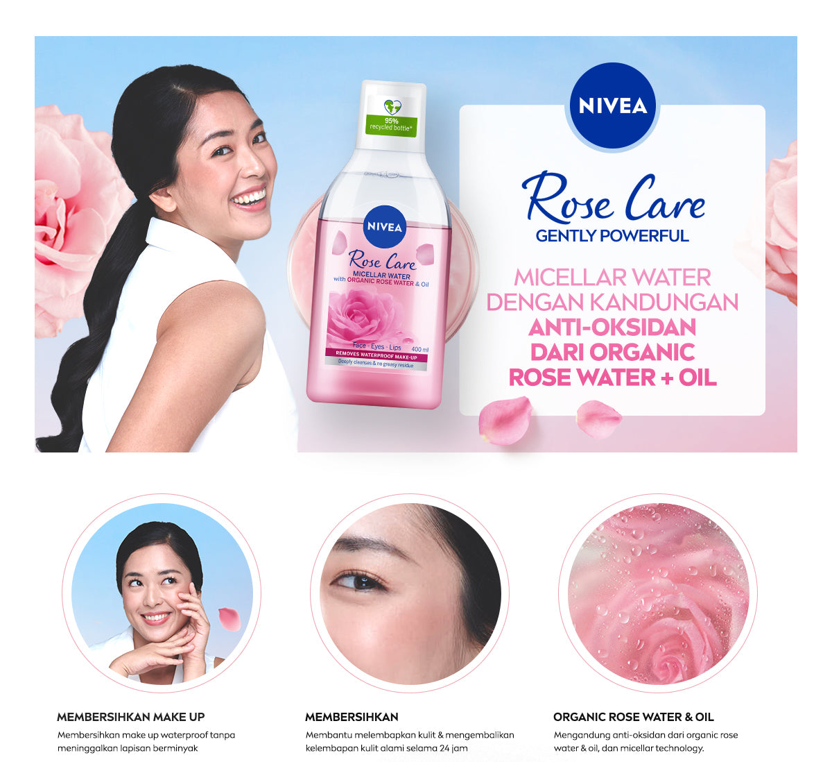NIVEA Micellar Water in Oil Rose Care Organic Rose Water 400ml - Pembersih make up makeup remover mencerahkan kulit kusam membersihkan wajah oil double cleansing melembabkan kulit kering air mawar - Hokkaido Rose Extract, 0% Alcohol