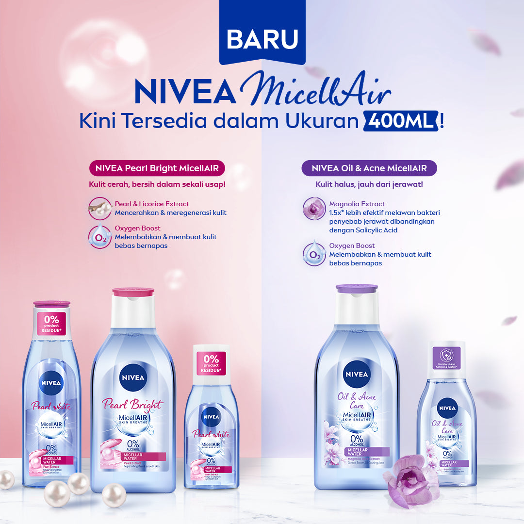 NIVEA Micellar Water MicellAir Oil & Acne Care 400ml - Pembersih make up aman untuk kulit berminyak jerawat sensitif oily acne prone skin penghapus riasan wajah double cleansing tanpa alkohol - Magnolia Bark Extract, 0% Alcohol